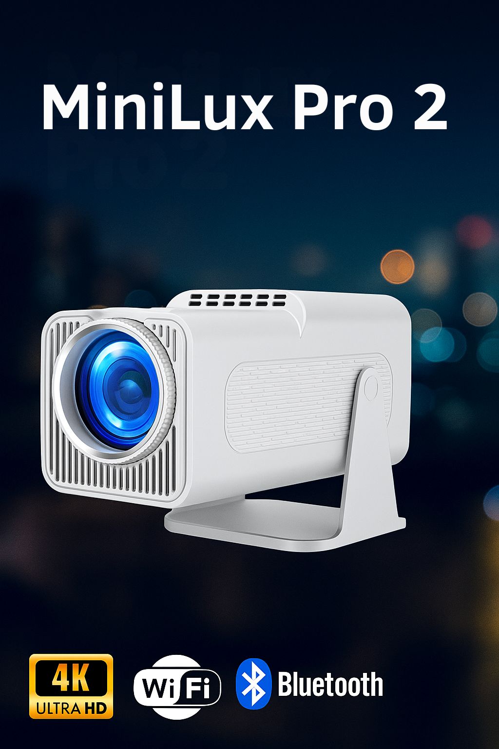 MiniLux Pro 2 – Smart Mini Projector with Bluetooth and WiFi, White (2026 Model)